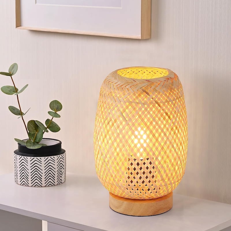 Farmhouse Natural Bamboo Rattan Table Lamp, Boho Handmade Woven Wooden Nightlight with, Industrial Wicker Desk Light Bedroom - Yellow