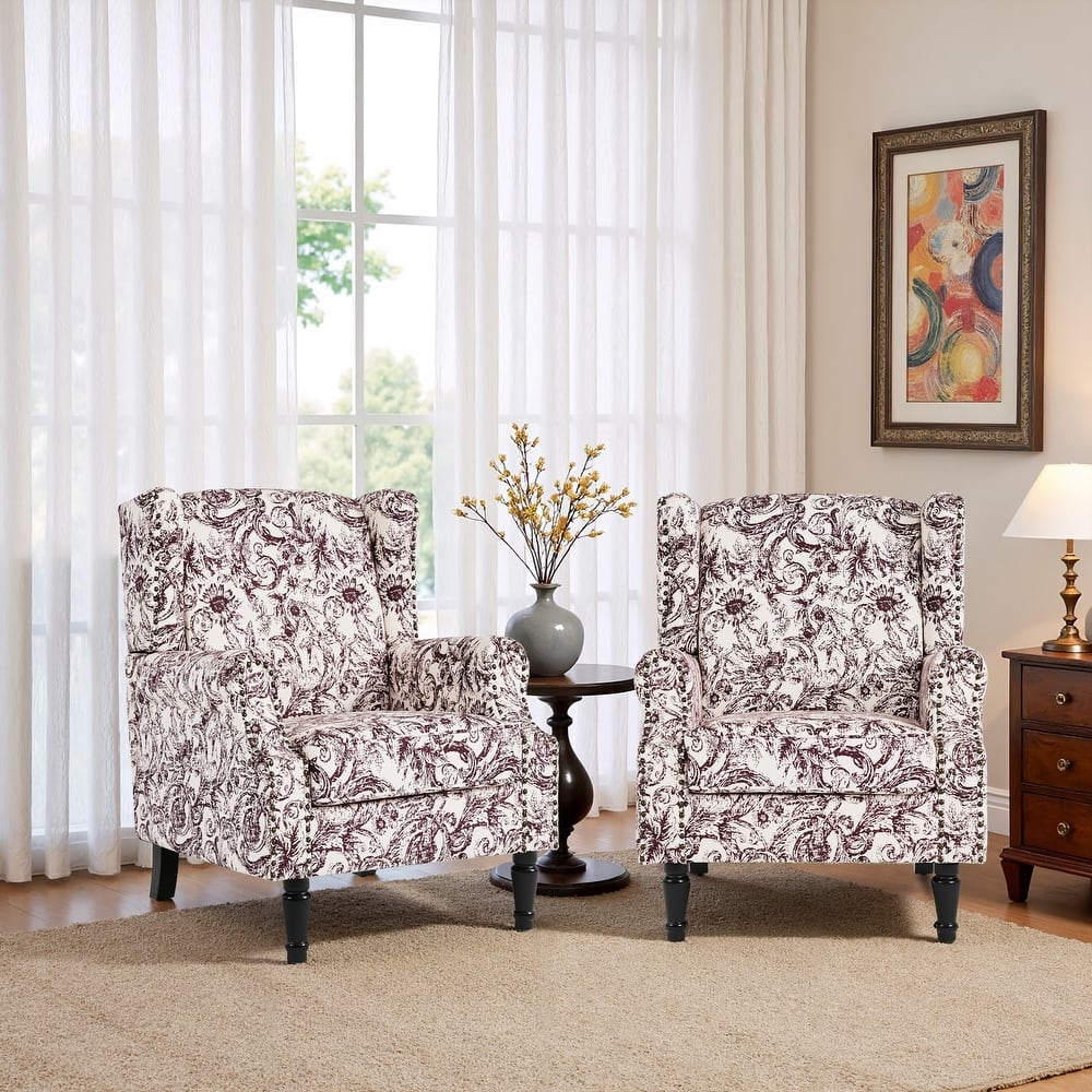 2 Set Traditional Patterned Wingback Accent Chairs with NailHead