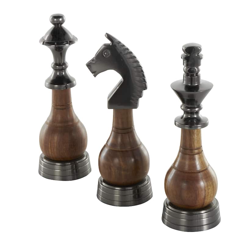Aluminum Metal Chess Decorative Sculpture with Mango Wood Center - Set of 3 Silver or Dark Gray - Roche River Decor