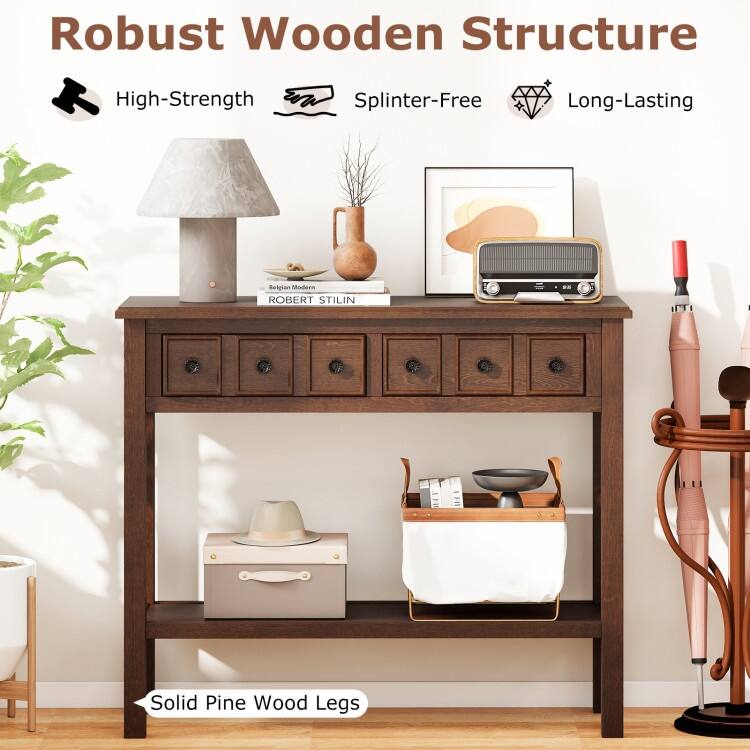 Espresso Rustic Console Table with Drawers and Shelf Solid Pine Wood Entryway Table - 38" x 13" x 32"