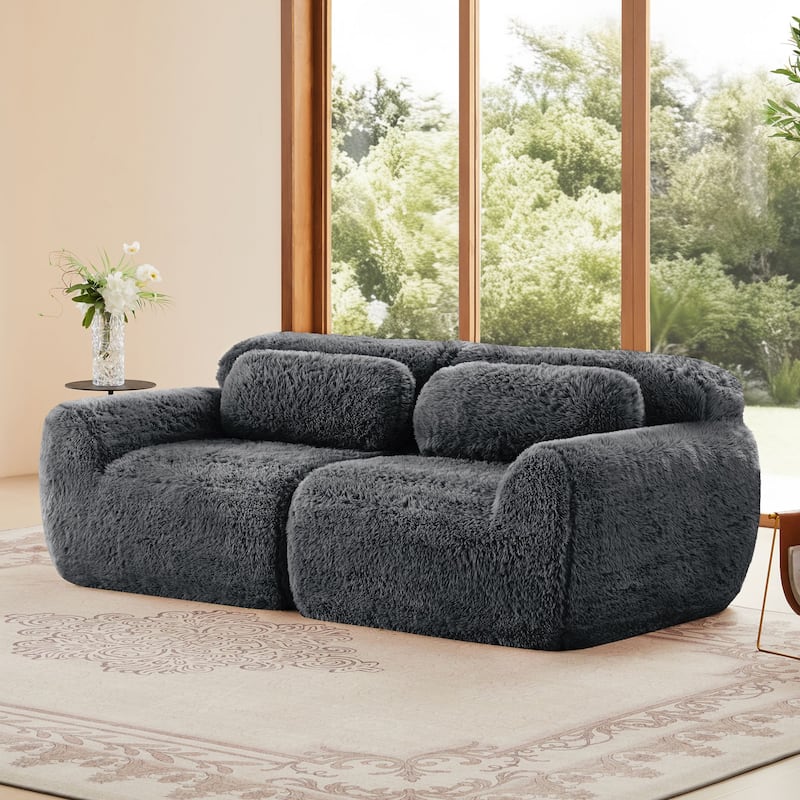 Rossetta 2-seater Soft Fluffy Plush Fabric Modular Sectional Sofa Couches with Throw Pillows, Bottom Anti-Slip Design - Dark Grey
