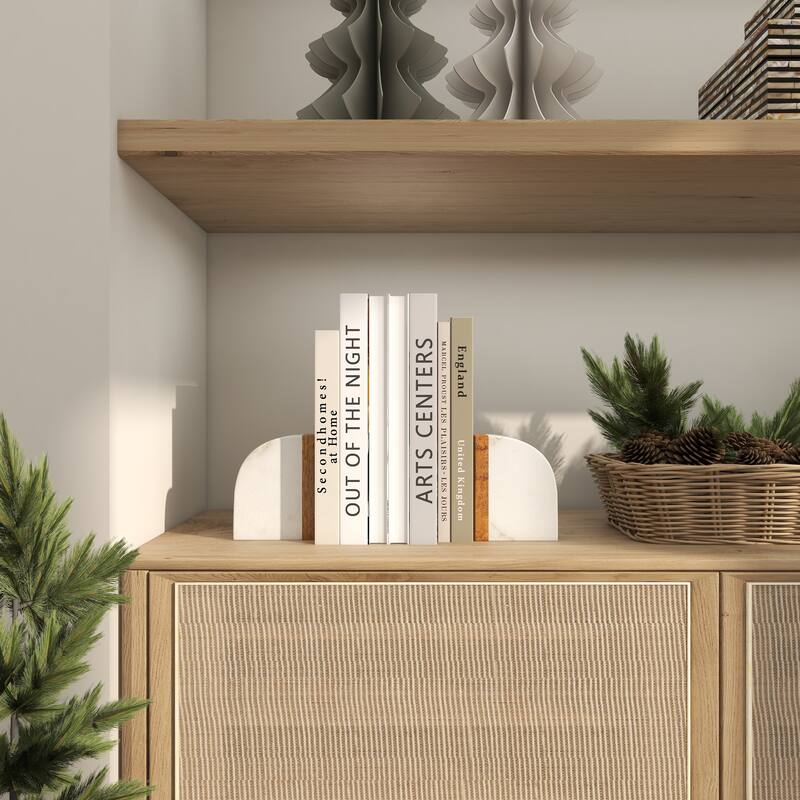 White Marble 5 lbs Decorative Bookends with Wood Details (Set of 2)