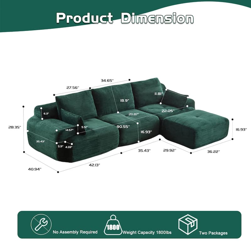 Ergonomic Deep Seat L-shaped Sectional Sofa with Chaise, Pet-Friendly Corduroy Modular Memory Foam Compressed Couch with Ottoman