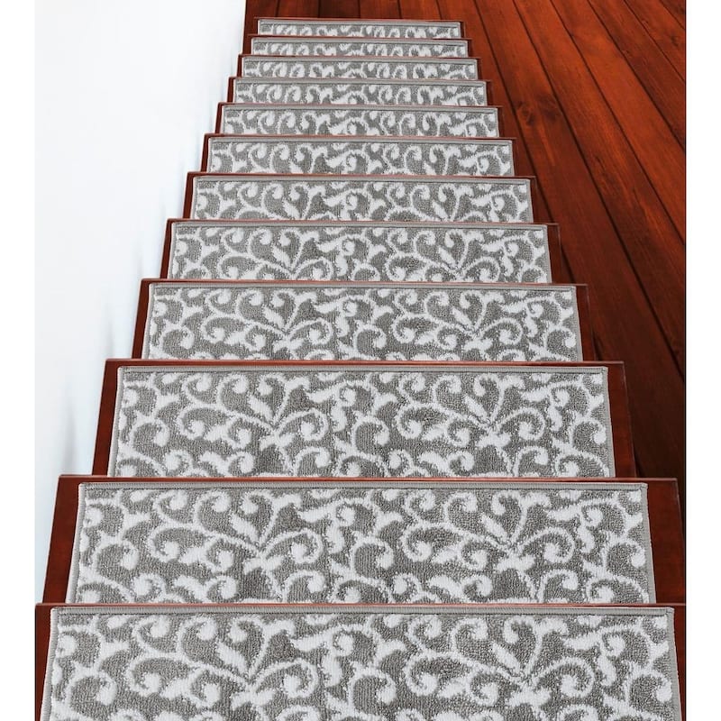 SussexHome Leaves Pattern Stair Treads - 4-PACK - Gray-White