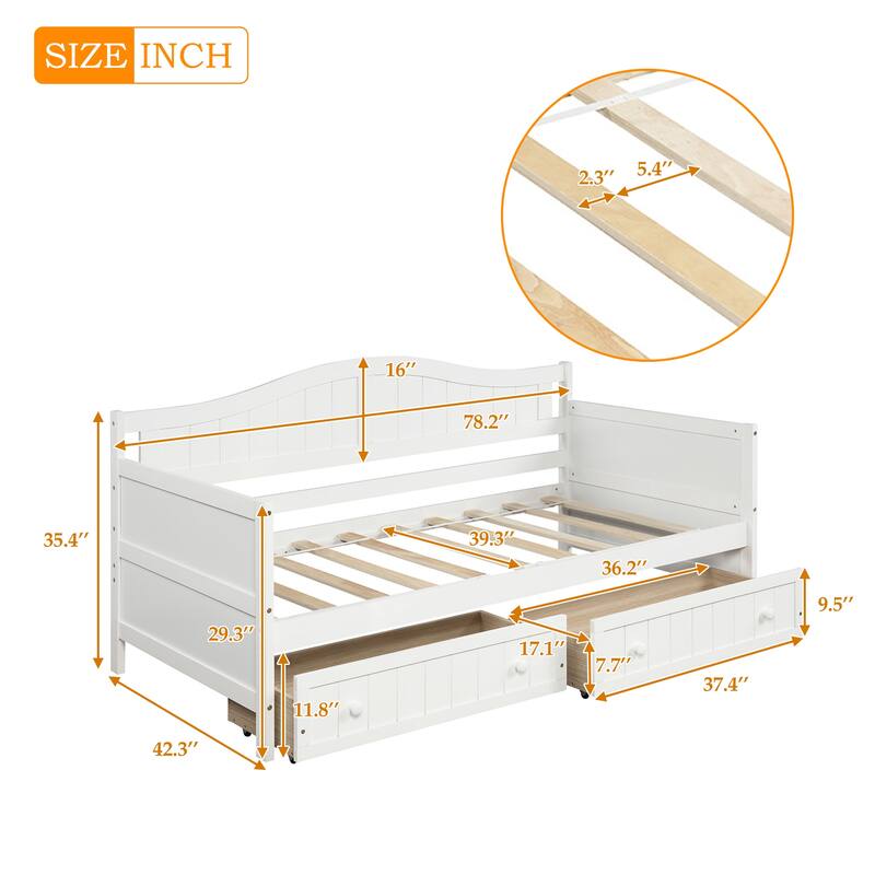 Classic Twin Size Daybed Storage Platform Bed with 2 Drawers, Armrest and Arched Backrest, Sofa Bed for Bedroom Living Room