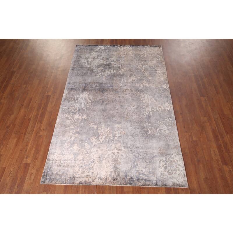 Silver Gray Abstract Indian Area Rug Handmade Wool Carpet - 5'1"x 8'0"