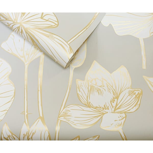 slide 1 of 21, NextWall Lotus Floral Peel and Stick Wallpaper 20.5 in. W x 18 ft. L - Metallic Gold & Grey