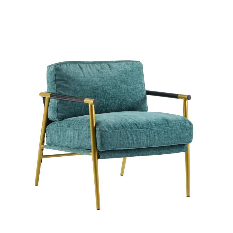 27.56" Modern Accent Chair with Plush Cushions, Minimalist Metal Frame, and Wooden Armrest Design