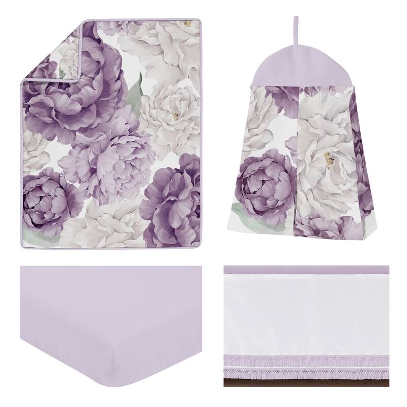 Sweet Jojo Designs Lavender Purple Boho Shabby Chic Floral Girl 4pc Nursery Crib Bedding Set Ivory Bohemian Vintage Watercolor