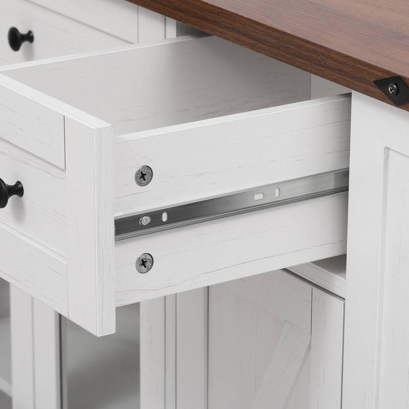 53'' Farmhouse Kitchen Island with Two Tempered Glass Cabinet Doors, Drop Leaf, 5 Open Side Racks and 3 Drawers