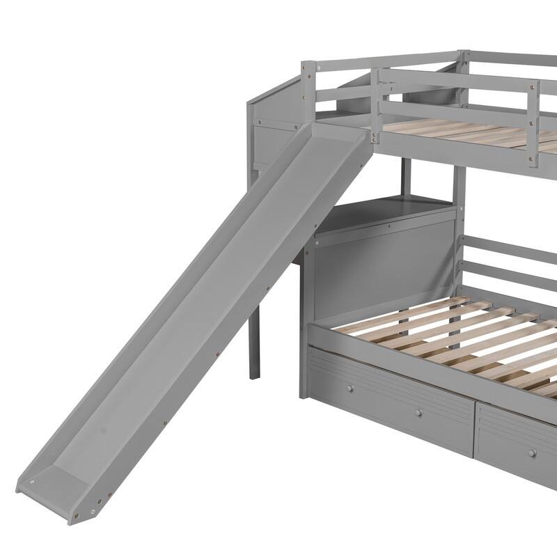Twin over Twin Bunk Bed with Storage Staircase, Slide and Drawers, Desk with Drawers and Shelves