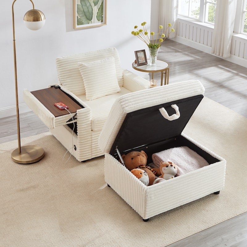 Fluffy Corduroy Lazy Sofa Chaise Lounge with Accent Chair, Storage Ottoman, Folding Table Board, Cup Holder and USB - White