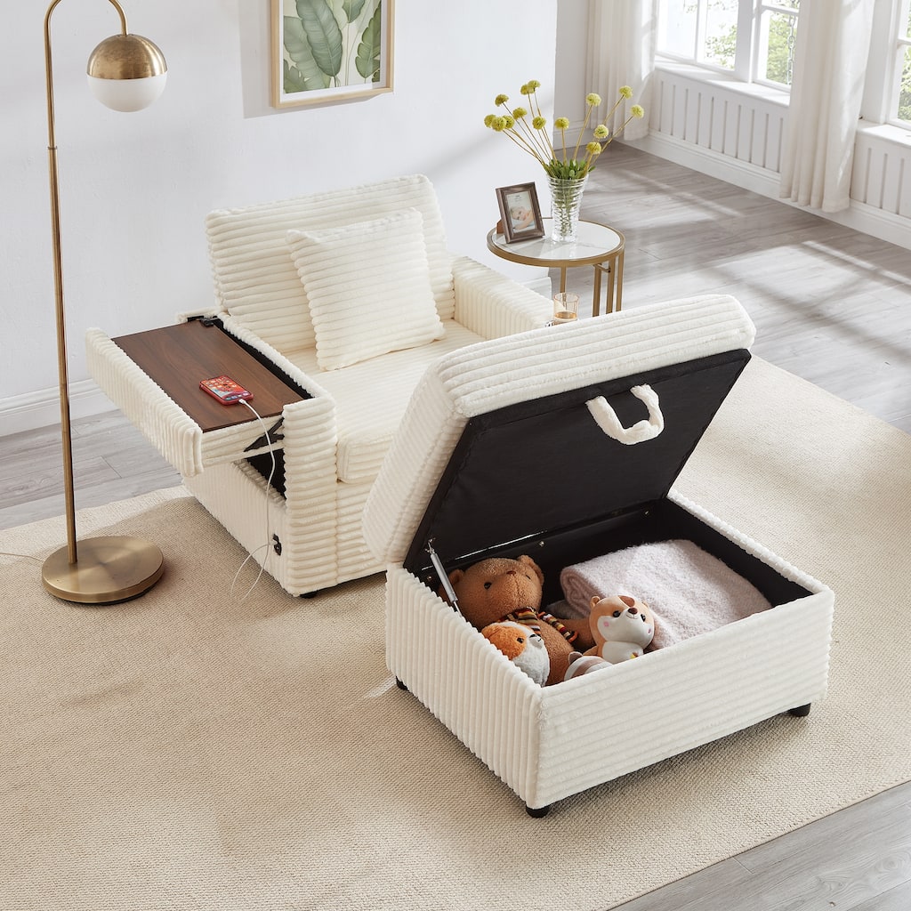 Fluffy Corduroy Lazy Sofa Chaise Lounge with Accent Chair, Storage Ottoman, Folding Table Board, Cup Holder and USB