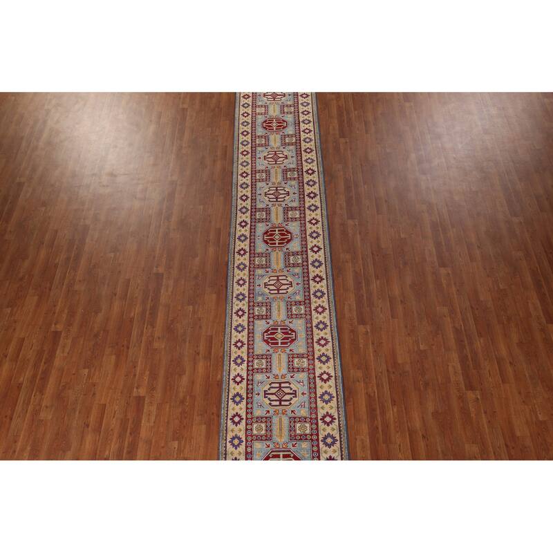Blue Kazak Oriental Runner Rug Hand-Knotted Wool Carpet - 2'7" x 20'7"