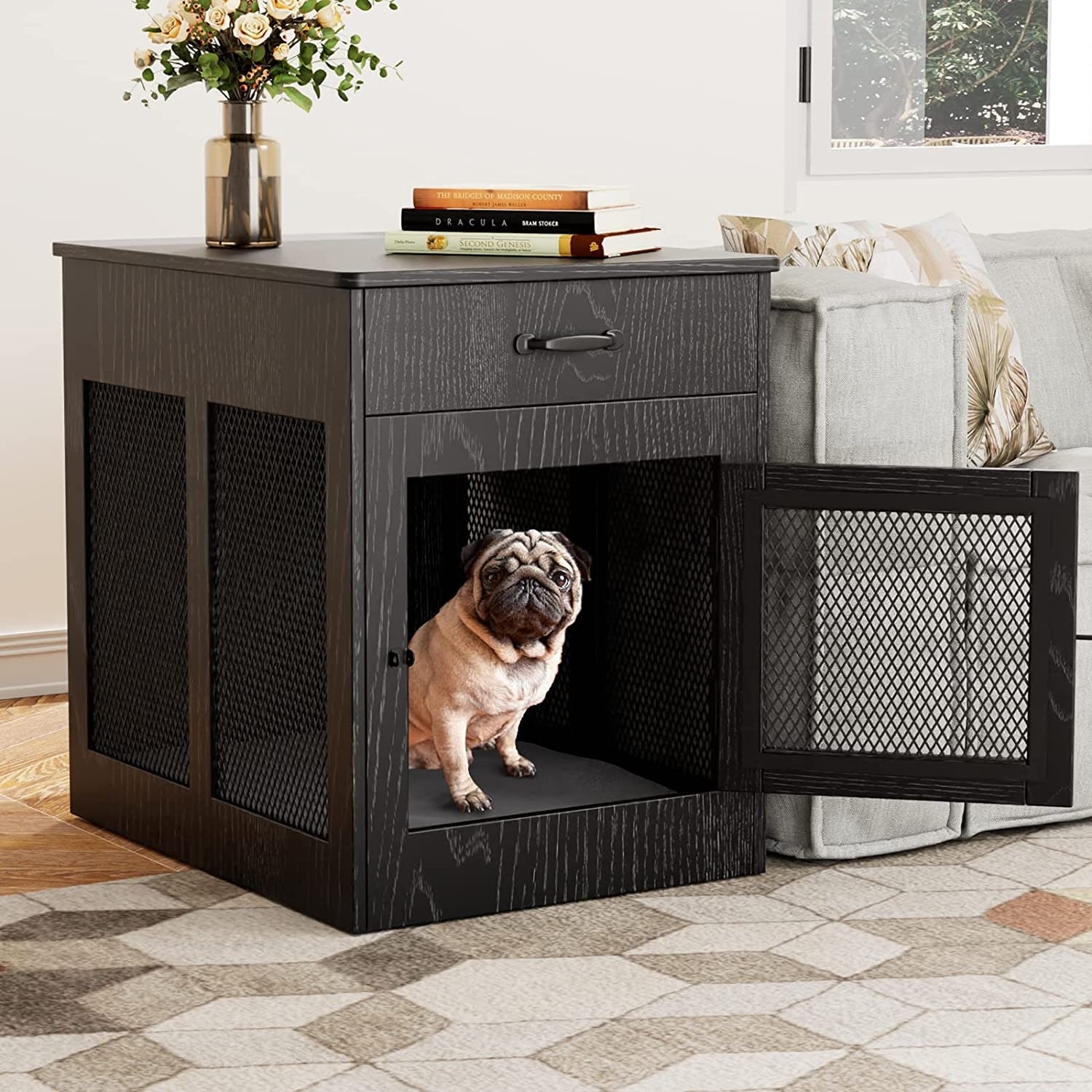 Dog Crate Furniture with Drawer Wood Dog Kennel End Table Black