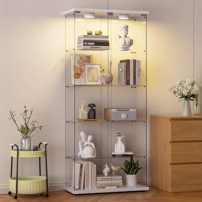 Glass Display Cabinet 5-Shelf with Door, LED Push Lights with Remote Control,5mm Tempered Glass Floor-to-Ceiling Bookcase
