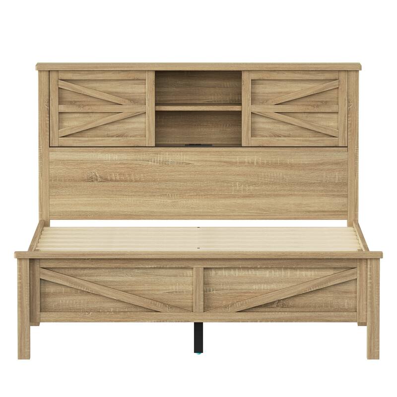 Rustic Platform Bed 3-Pieces Bedroom Sets with Storage Nightstand and Dresser, Wooden Platform Bed with Charging Station