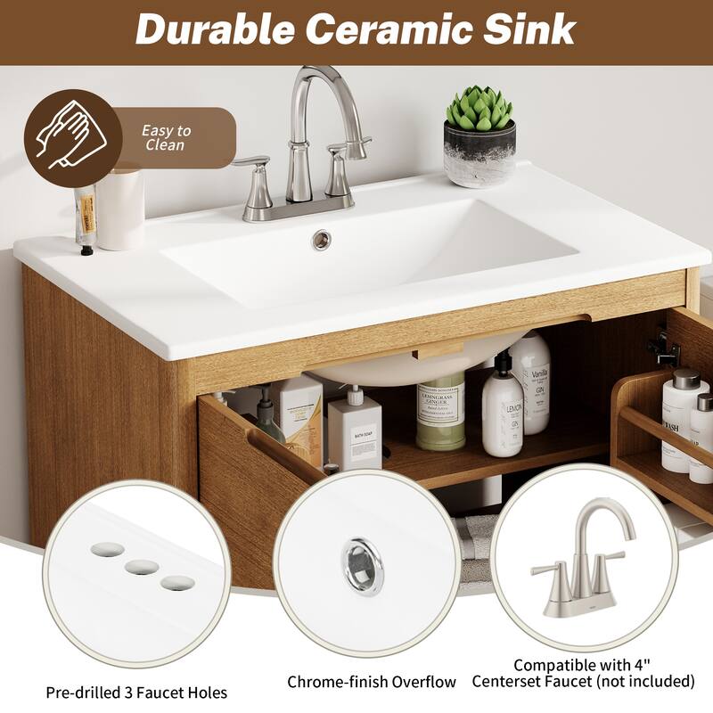 30"Softened Modern Bathroom Vanity with Ceramic Sink, Solid Wood Frame, Soft-Close Doors & Drawer, Adjustable Shelf