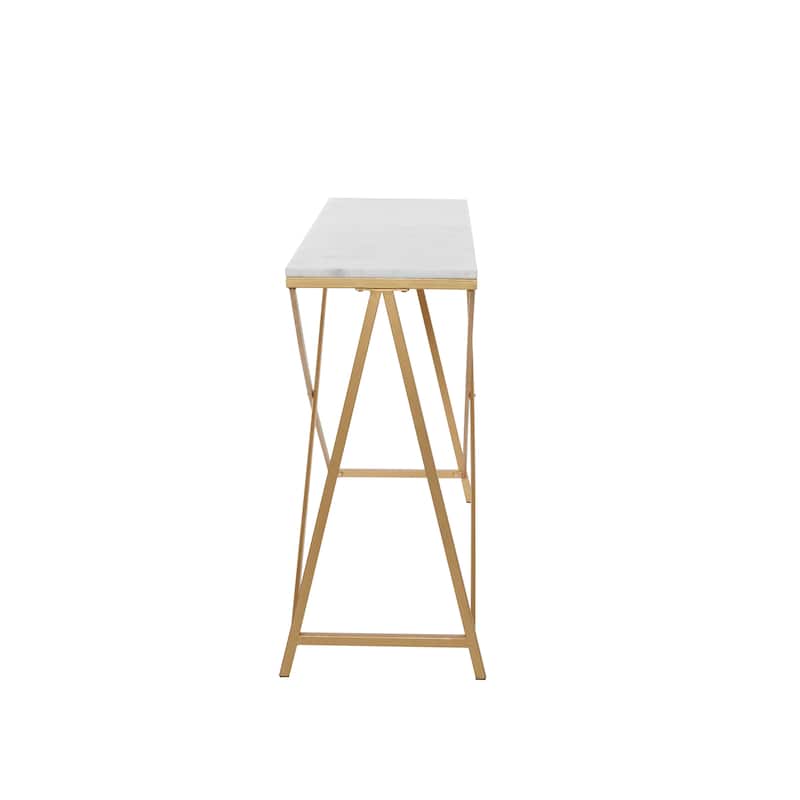 Marble Rectangular Console Table with Gold Metal Stand - White - Roche River Decor - 14"W x 47"L x 31"H