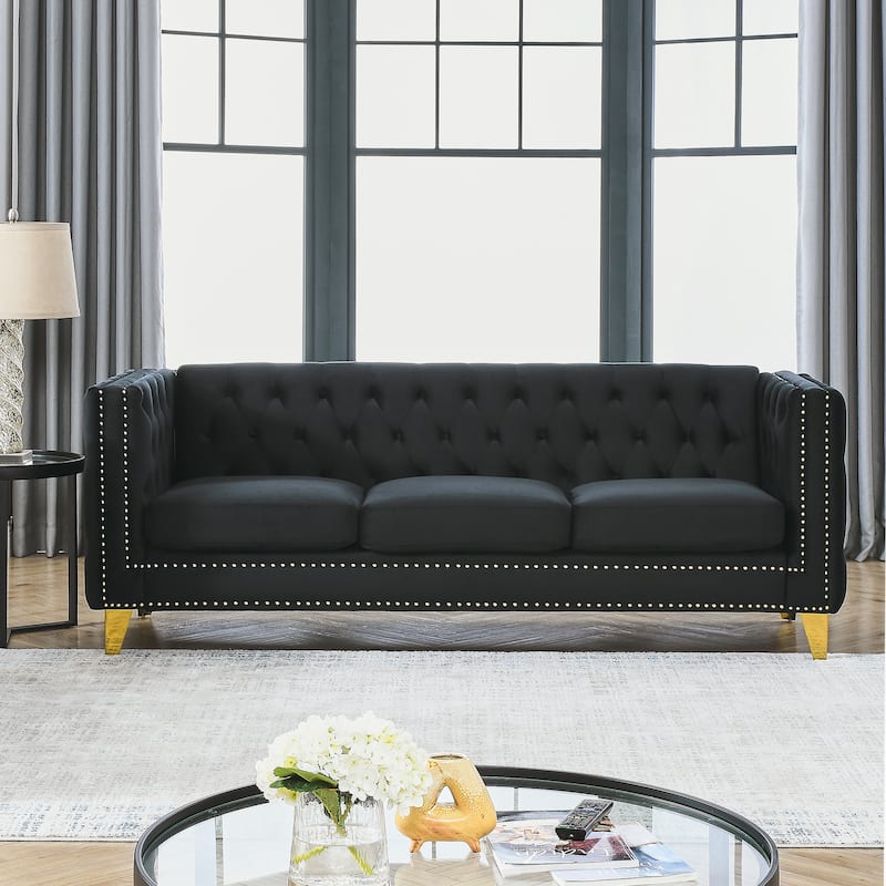 Classic Chesterfield Velvet Sofa, Tufted with Nailhead Trim, 3-Seater Couch with Metal Legs for Bedroom or Living Room