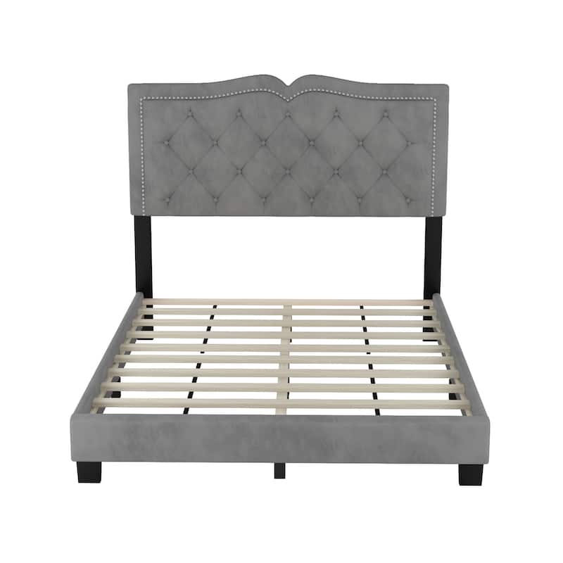 Upholstered Bed Frame with Rivet Design, Modern Velvet Platform Bed