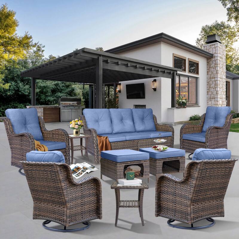 9-piece Wicker Outdoor Patio Furniture Sets with Swivel Rocker Chairs