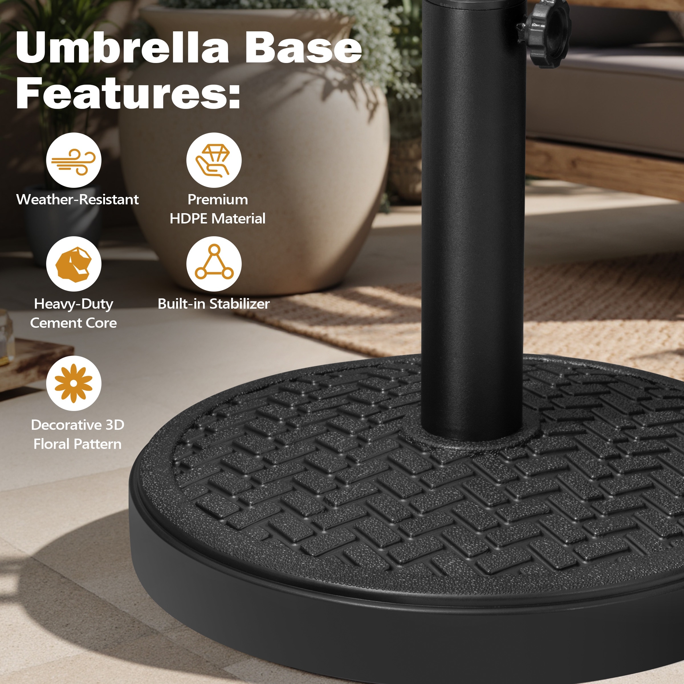 30 lb patio umbrella base Tangkula lbs Heavy Duty Base, Round Parasol Holder with Adjustable Knob for 1.5-1.9 Pole, Resin Umbrella Stand with Decorative Pattern, Easy Setup : Patio, Lawn & Garden the epitome of reliability and versatility for your outdoor living space Crestlive Products - 30 lbs
