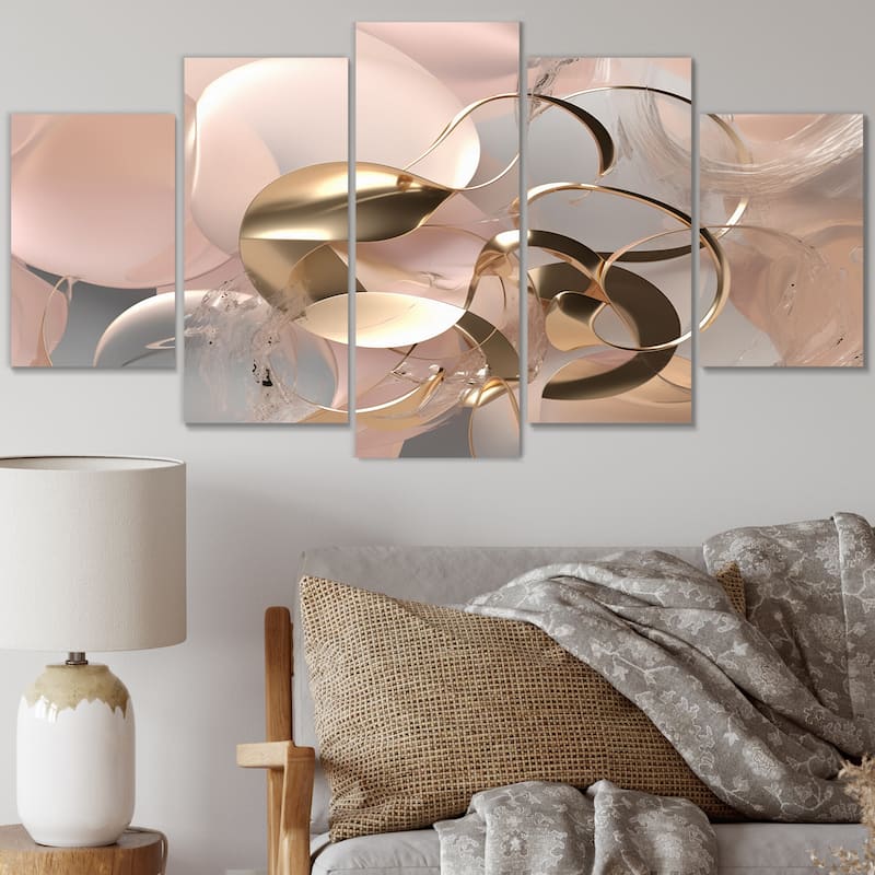 Designart "Liquid Art Gold And Pink Effervescence" Abstract Multipanel Wall Art Living Room set - 60 In. Wide X 32 In. High - 5 Panels Diamond Shape