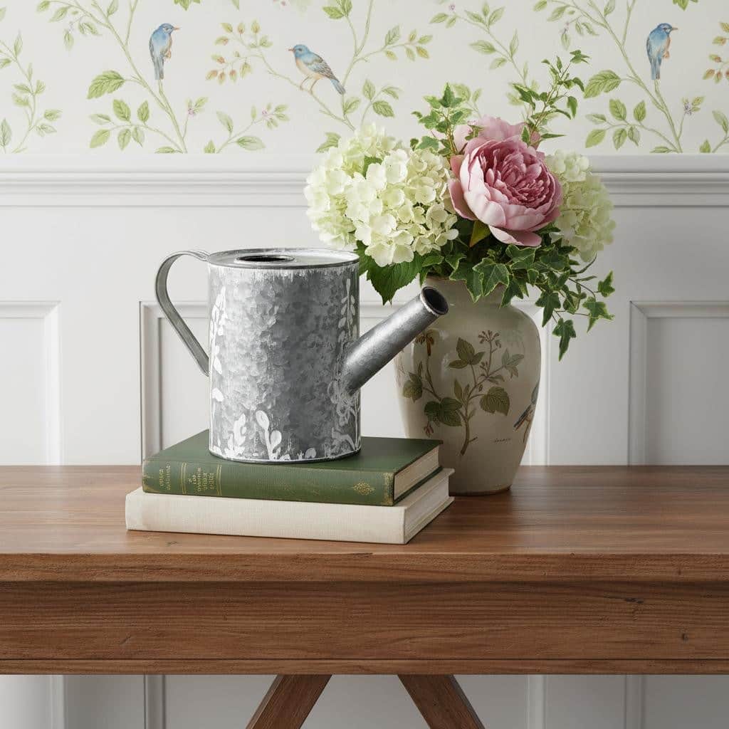 HomeRoots 6" Gray And White Galvanized Metal Flowers Hand Painted Decorative Watering Can - 10.50 in. x 6.00 in. x 4.75 in.