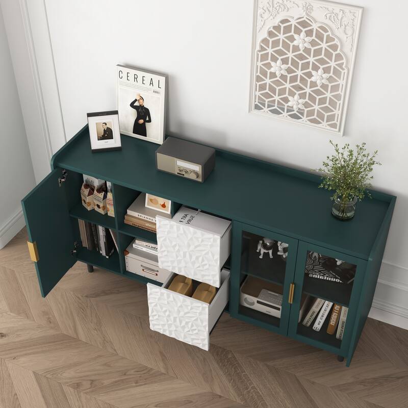 Coffee Bar Cabinet with 2 Drawers, Kitchen Pantry with 2 Glass Doors, Buffet Cabinet with 2 Open Storage Compartment