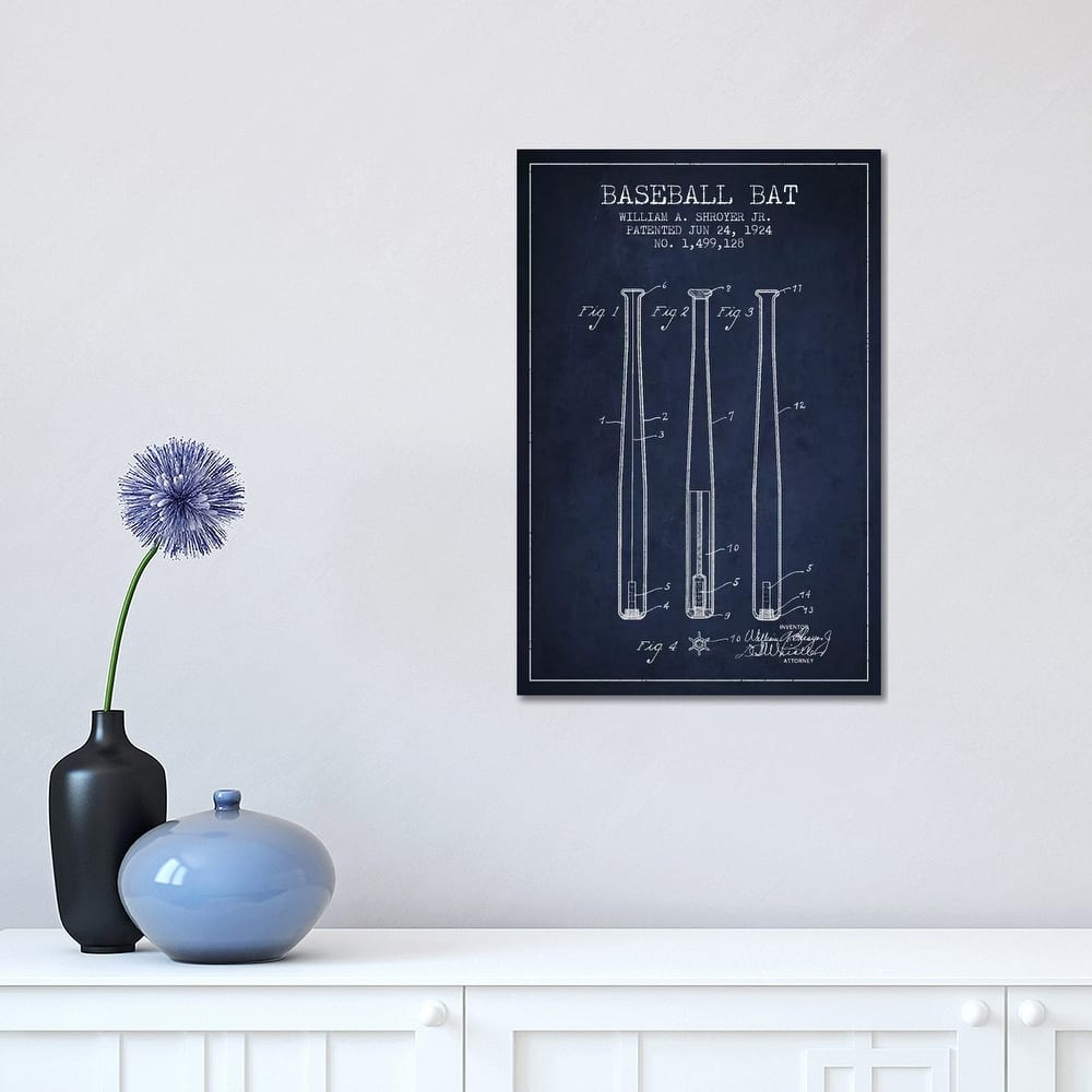 iCanvas "Baseball Bat Navy Blue Patent Blueprint" by Aged Pixel Canvas Print