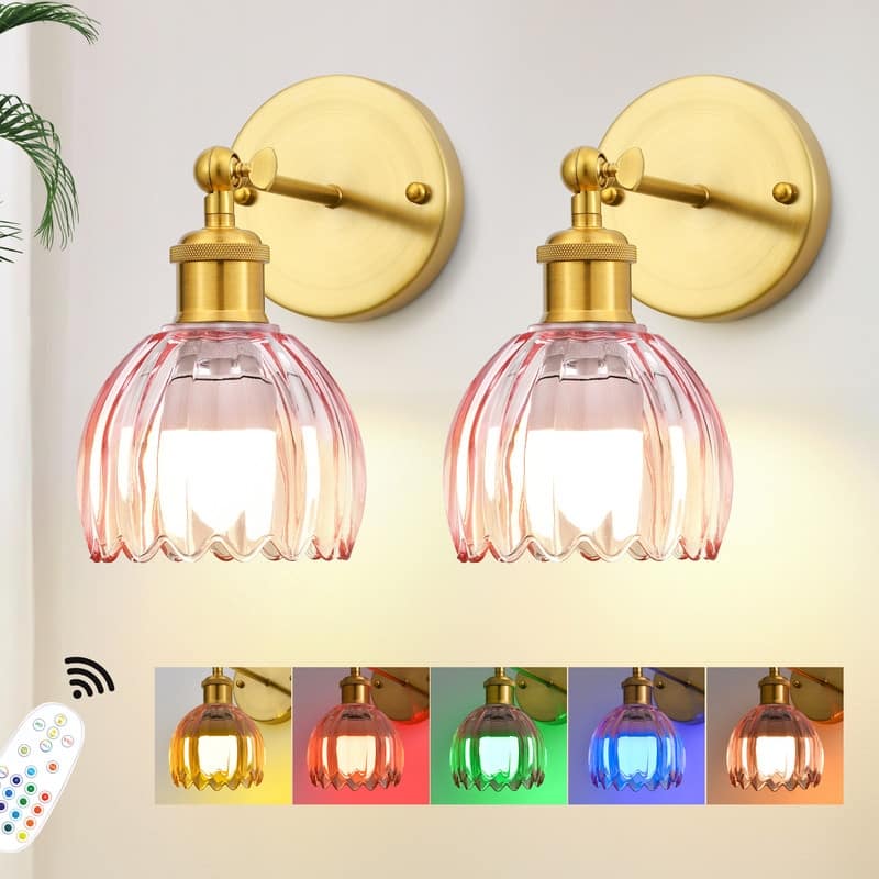 Adjustable Vintage Wall Sconce with Amber Tulip Glass Brass Fixture with Switch Ideal for Bedroom Hallway or Entry - Gold - Pink