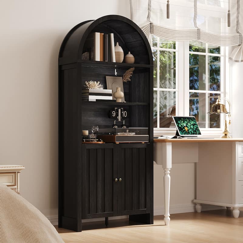 71" Tall Farmhouse Bookshelf with Arched Top and Storage Cabinet, Black - Black