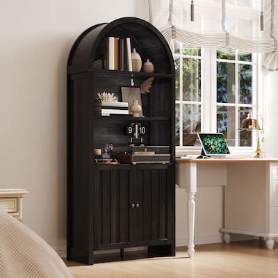 71" Tall Farmhouse Bookshelf with Arched Top and Storage Cabinet, Black