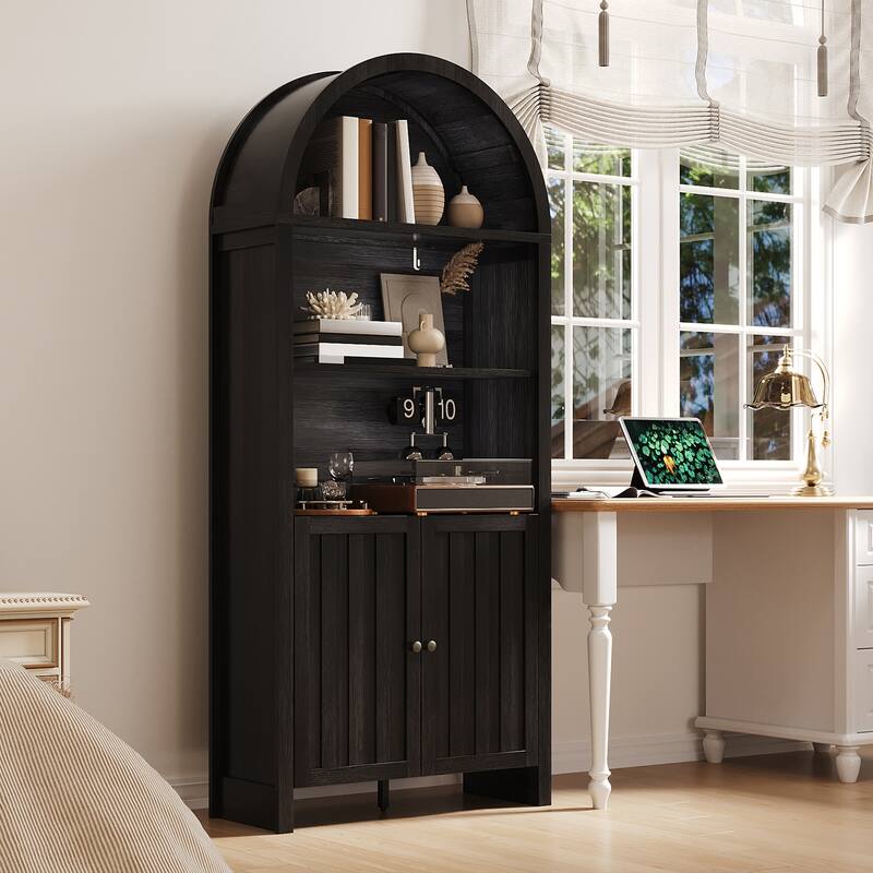 Accent Cabinet with Arched Top, Storage Cabinet with Slatted Doors, Buffet Sideboard with Adjustable Shelves