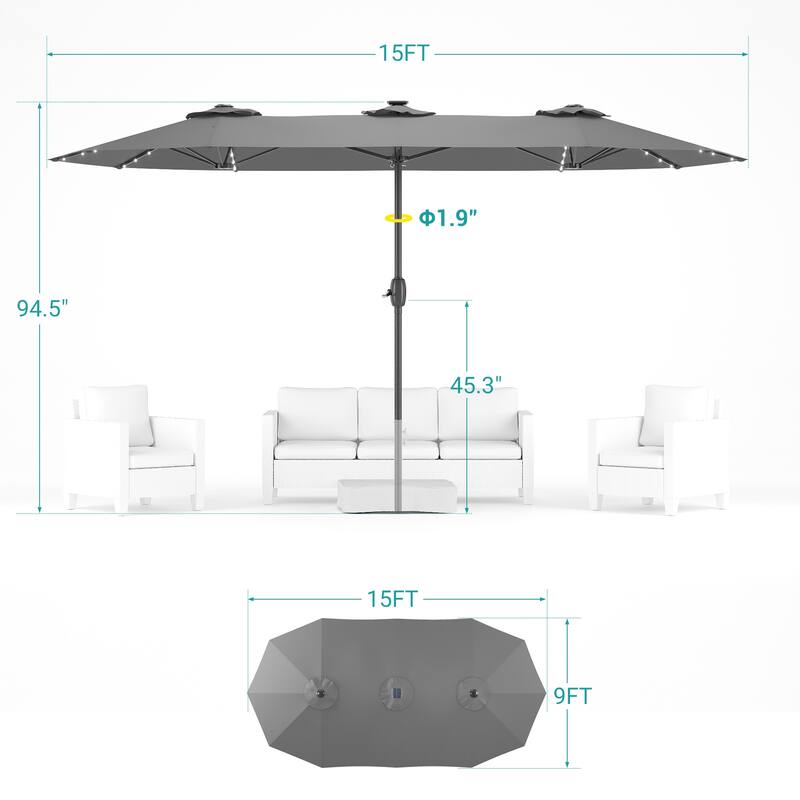 BONOSUKI 15x9ft LED Double-Sided Patio Umbrella Aluminum Large Canopy