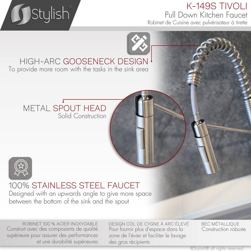 STYLISH Stainless Steel Single Handle Pull Down Sprayer Kitchen Faucet - Faucet Height: 16 3/4" | Spout Height: 7 1/2"