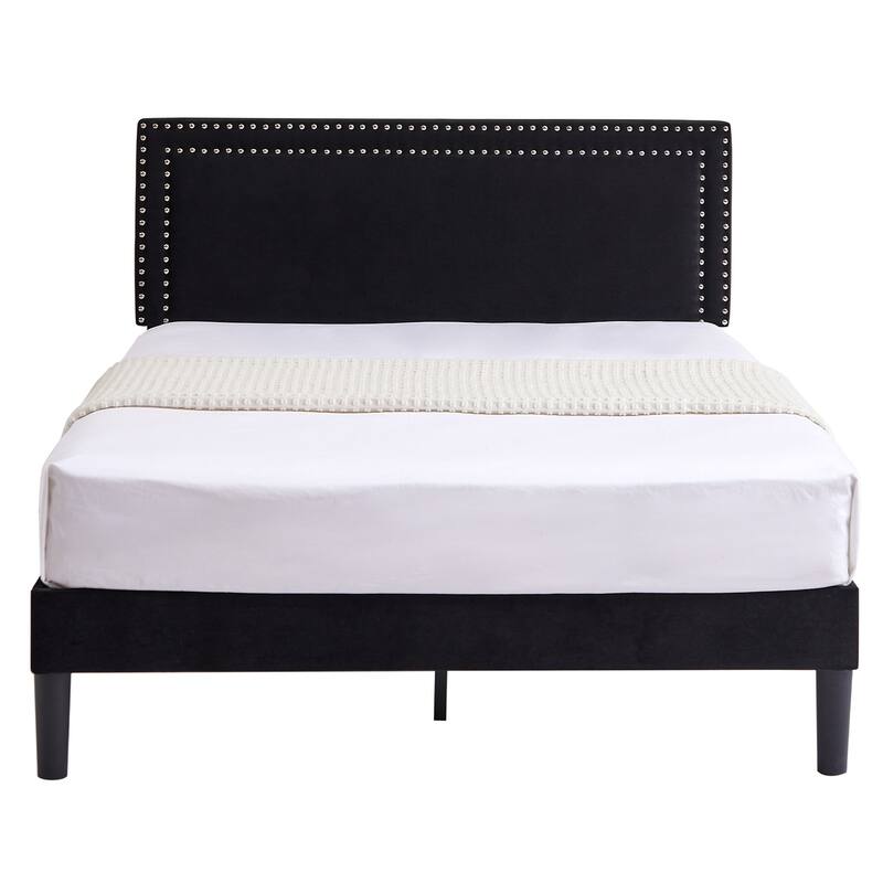 Upholstered Platform Bed Frame with Adjustable Headboard, Velvet Nailhead Trim, No Box Spring Needed