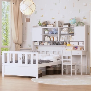 Kids Bed Frame Wood Platform Bed with Storage Headboard Bookshelf, Panel Bed Built-in Desk & Matching Chair