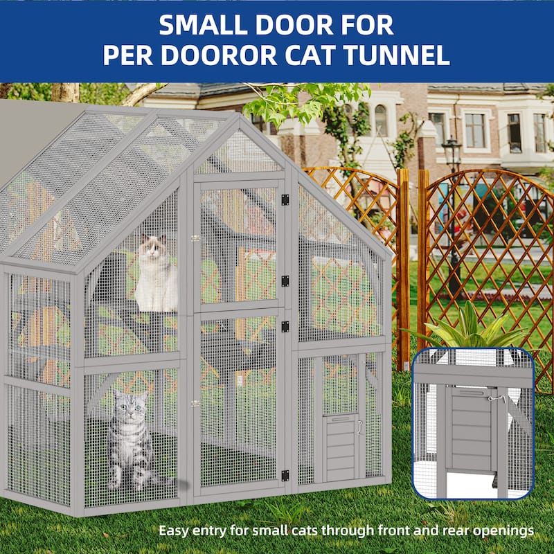 Moasis 110" Outdoor Large Cat Catio Enclosure Wooden House with Bridges, Walks, Small Houses, Roof Cover