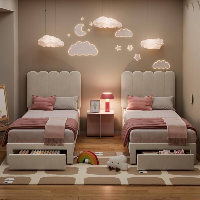 Twin Upholstered Platform Bed Frame with Wave Headboard, Wood Slats, No Box Spring Needed, for Kids or Teens