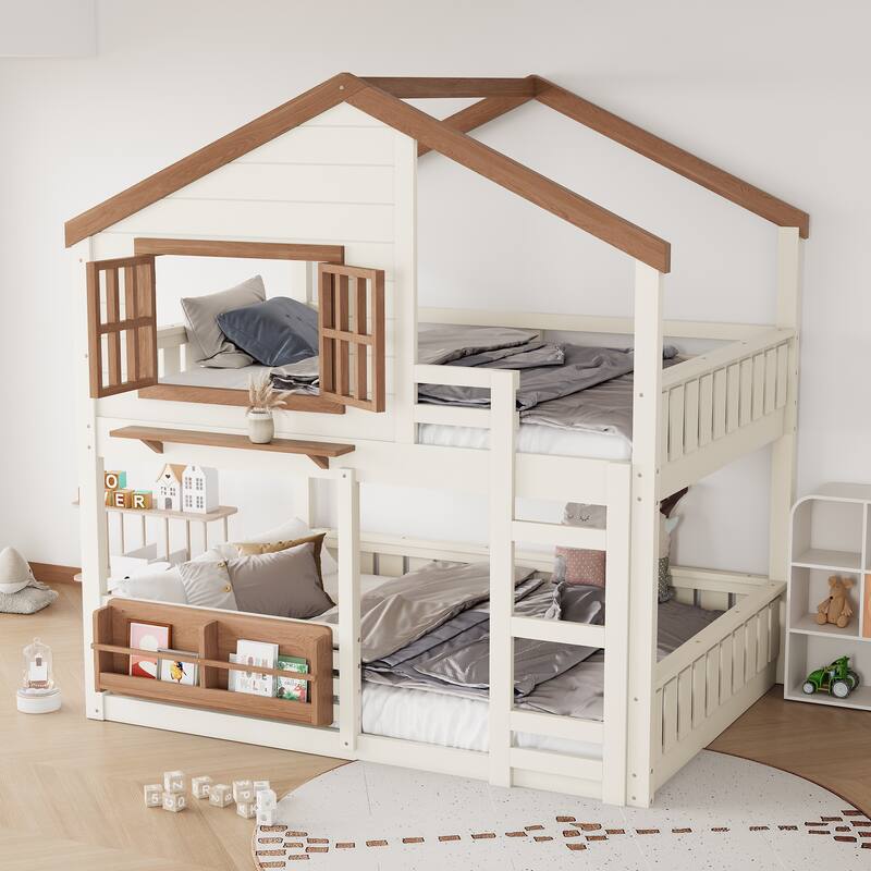 Full/Twin Bunk Bed with Bookshelf, House Design Loft Bed with Safety Fencing, High-Quality Kids Bed Frame