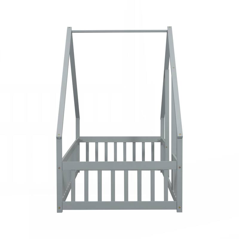 Twin Wood House-Shaped Floor Bed with Fence