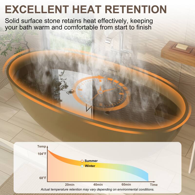 61 in. Freestanding Solid Surface Soaking Bathtub in Camel, Modern Design with Center Drain