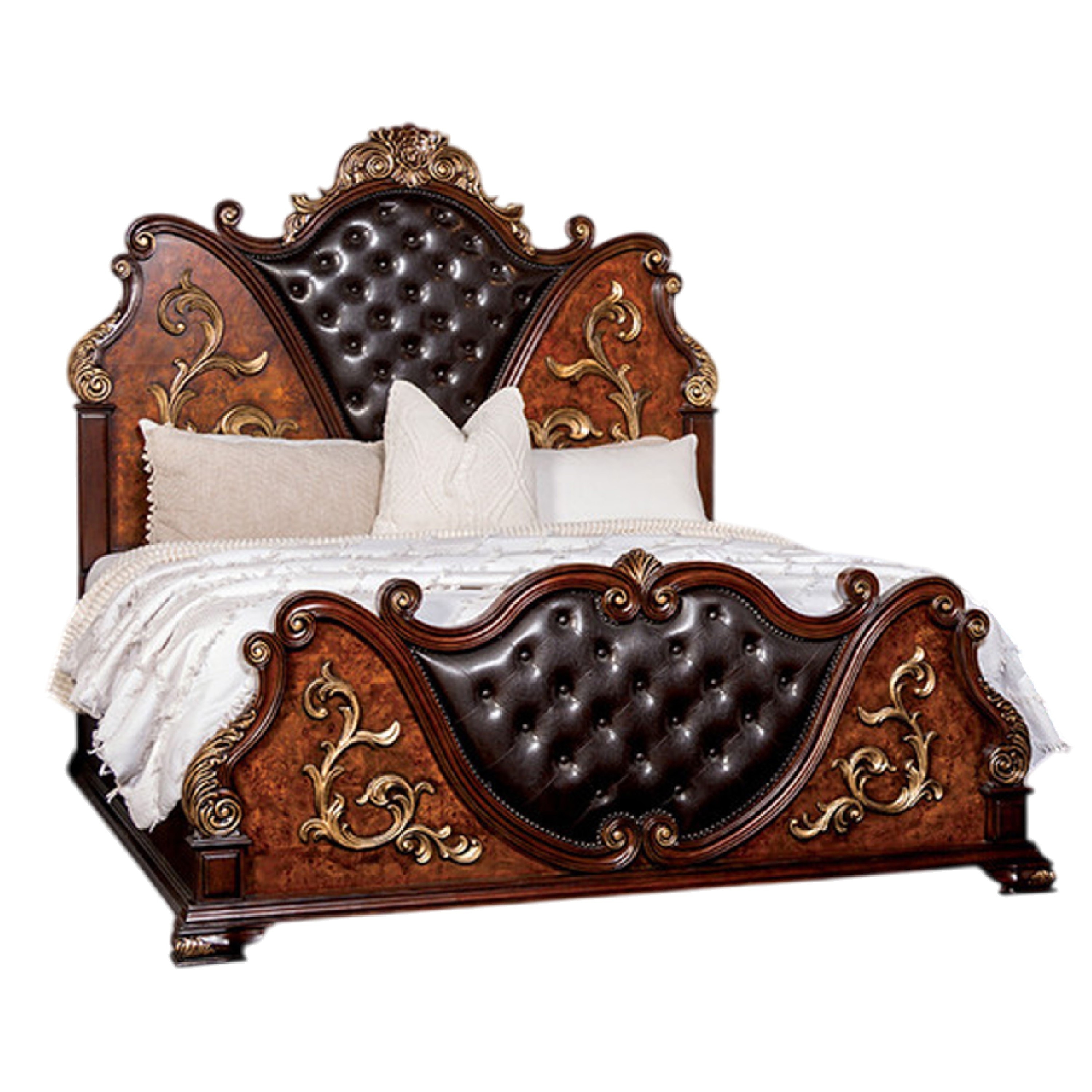 Iliana Queen Bed, Dark Cherry Brown, Black Faux Leather, Gold Carvings