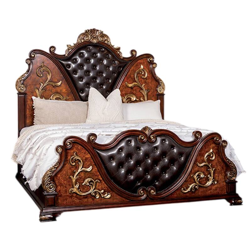 Iliana Queen Bed, Dark Cherry Brown, Black Faux Leather, Gold Carvings