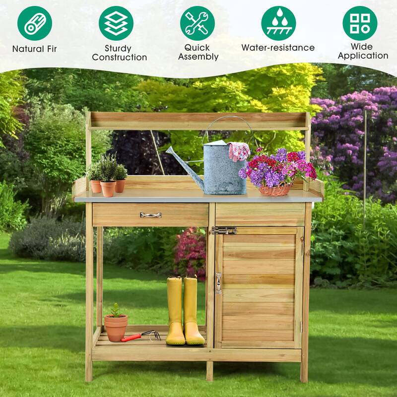 Wooden Garden Work Station Potting Bench Table with Drawer Cabinet