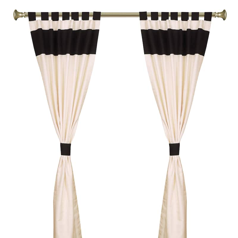 Cream Black Tab Top Raw Silk Curtain With Tieback-Pair - 43 X 84 Inches (109 X 213 Cms) - Off-White - 43 X 84 Inches (109 X 213 Cms) - 84 Inches