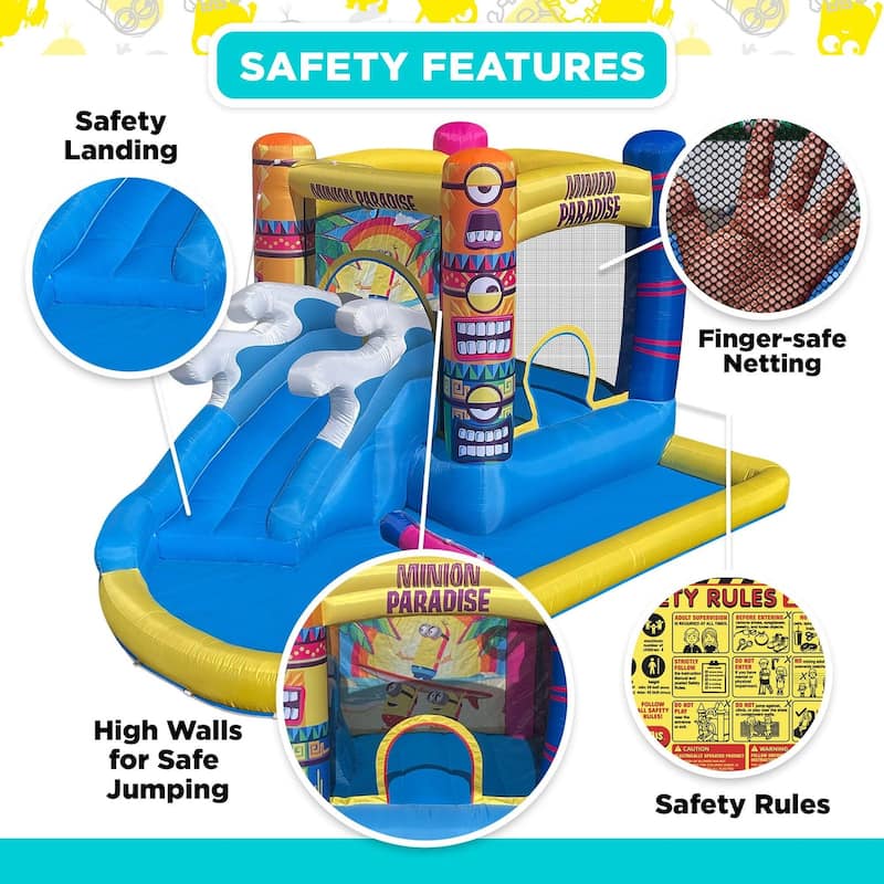 Minions Bounce House Waterslide, Outdoor Fun Tropical Inflatable Waterpark, Backyard Slide with Water Cannon for Kids Ages 3-8