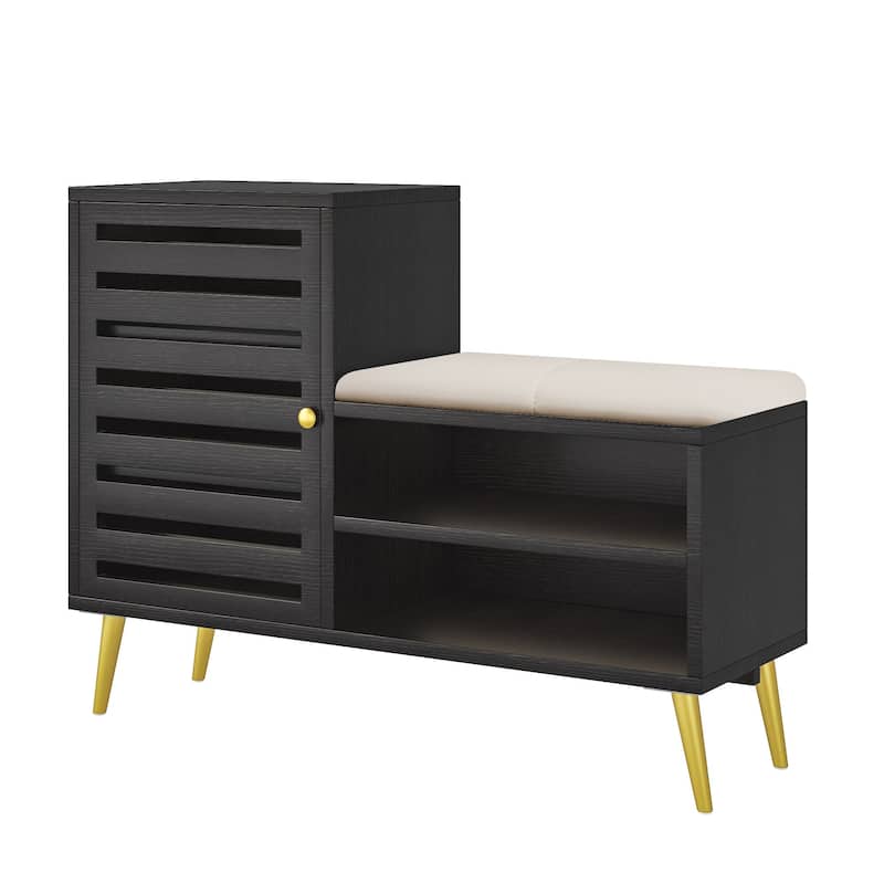 VECELO L-Shaped Entryway Bench with Cushion Shoe Storage Bench with Louvered Door & Open Shelves Hallway Seat Organizer - Black